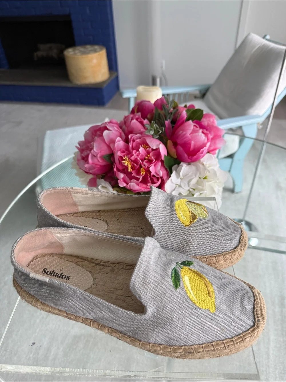 Soludos Embroidered Lemon Espadrilles Neutral Linen Euro Summer 9.5 Sandal Chic